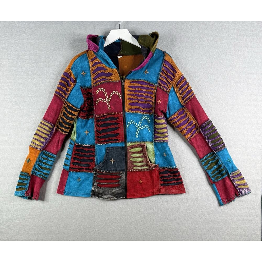 KPC Patchwork Pixie Hoodie Full Zip Jacket‎ Womens XL Hippie Boho Whimsy Fairy